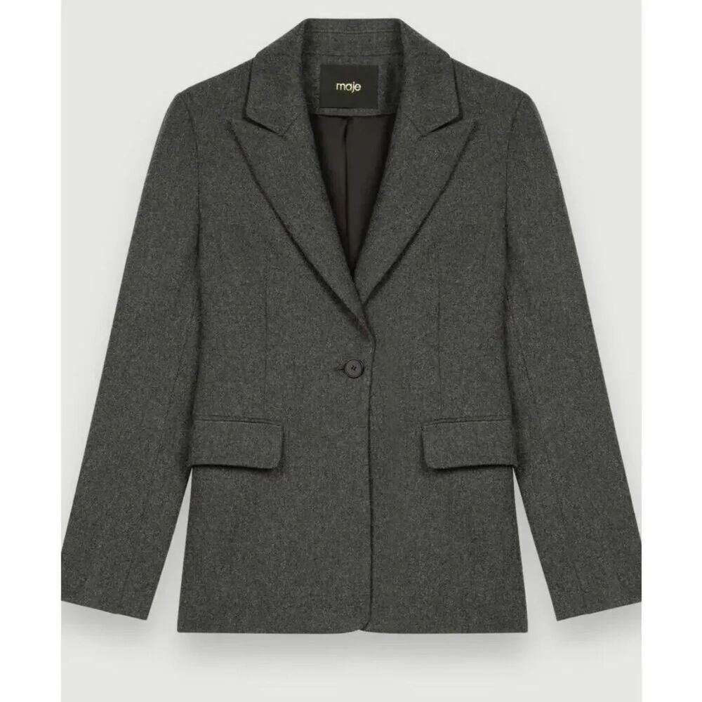 NWT Maje Paris Gray Minimalist Recycled Wool Blazer Sz 42